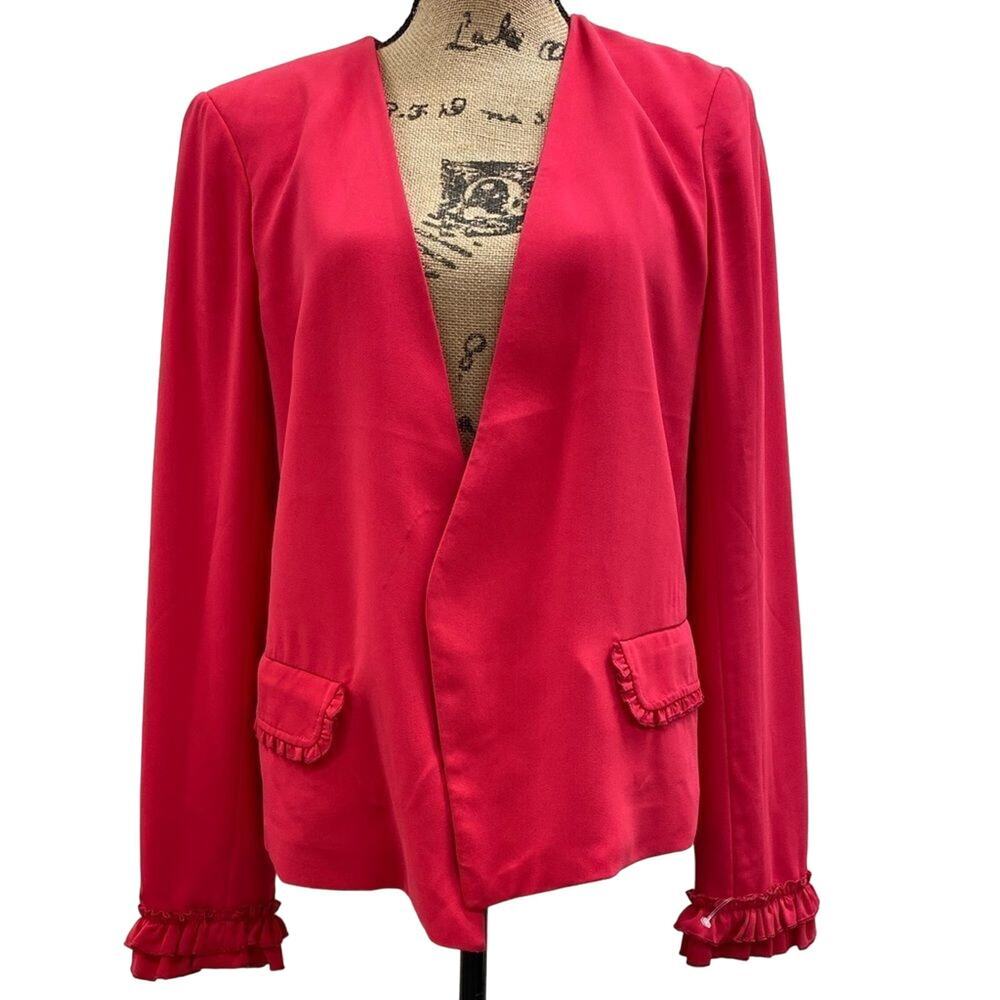 Adrienne Vittadini hot pink ruffle open front blazer
